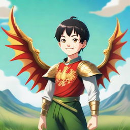 A red-skinned male child with golden dragon wings, standing confidently with a smile