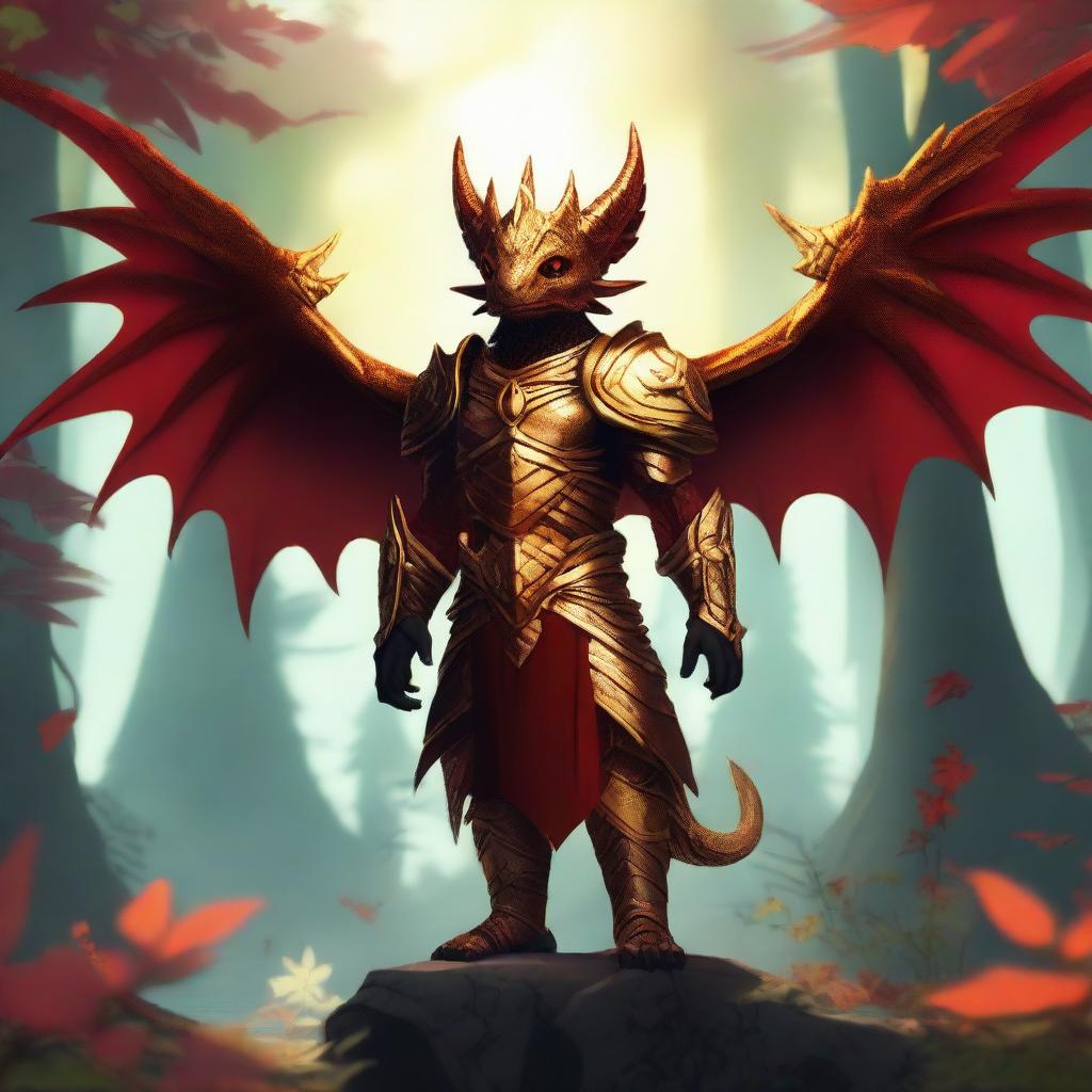 A dragonborn male child with golden wings, standing proudly