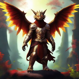 A dragonborn male child with golden wings, standing proudly