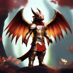 A dragonborn male child with golden wings, standing proudly