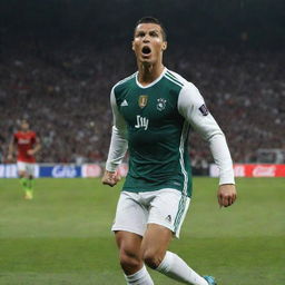 Cristiano Ronaldo on a soccer field, ready to perform a spectacular goal with a powerful kick. His determined expression conveying a champion mindset in the middle of an integral game.