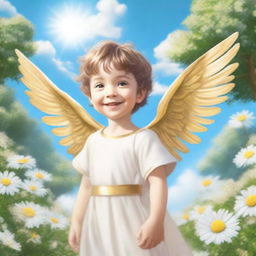 A young male child with golden wings, standing joyfully in a beautiful garden