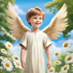 A young male child with golden wings, standing joyfully in a beautiful garden