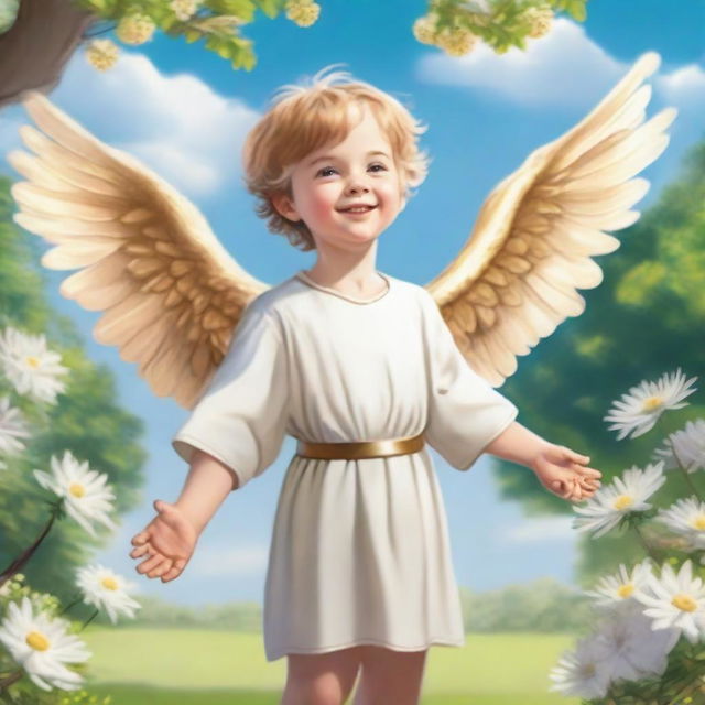 A young male child with golden wings, standing joyfully in a beautiful garden