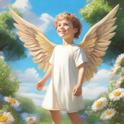 A young male child with golden wings, standing joyfully in a beautiful garden