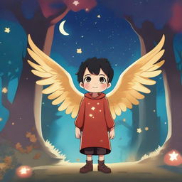 A young male child with golden wings and red skin, standing proudly in an enchanted forest