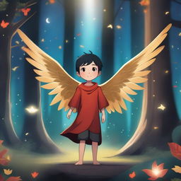 A young male child with golden wings and red skin, standing proudly in an enchanted forest