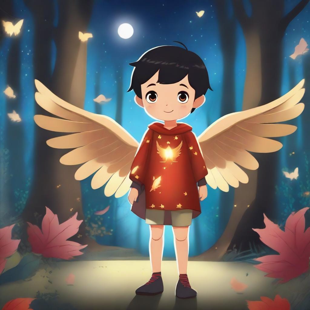 A young male child with golden wings and red skin, standing proudly in an enchanted forest