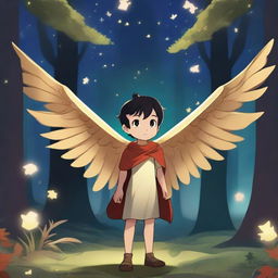 A young male child with golden wings and red skin, standing proudly in an enchanted forest