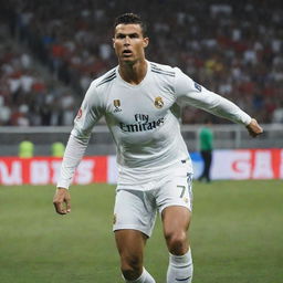 Cristiano Ronaldo on a soccer field, ready to perform a spectacular goal with a powerful kick. His determined expression conveying a champion mindset in the middle of an integral game.