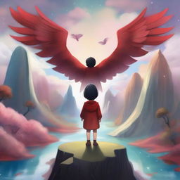 A young child with red skin and wings, standing in a whimsical fantasy landscape