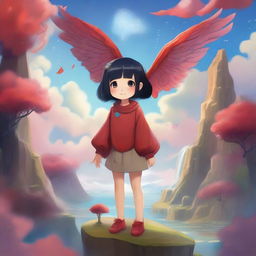 A young child with red skin and wings, standing in a whimsical fantasy landscape