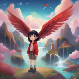 A young child with red skin and wings, standing in a whimsical fantasy landscape