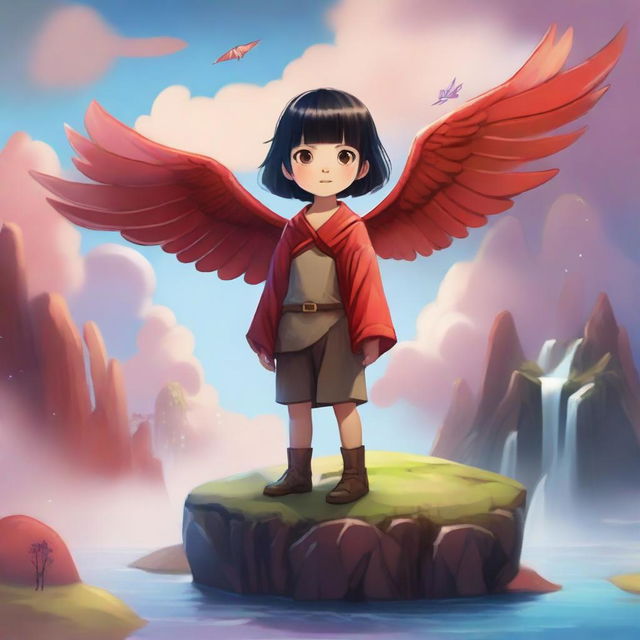 A young child with red skin and wings, standing in a whimsical fantasy landscape