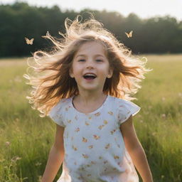 An adventurous girl playing in a lush, sun-drenched meadow, her hair billowing in the warm breeze as butterflies flutter around her.