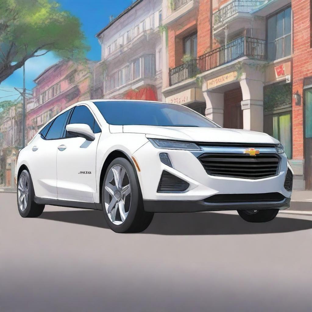 A detailed and vibrant anime rendering of a white 2020 Chevrolet 科鲁泽 car