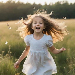 An adventurous girl playing in a lush, sun-drenched meadow, her hair billowing in the warm breeze as butterflies flutter around her.