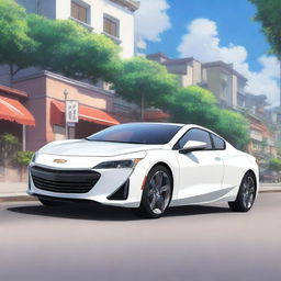 A detailed and vibrant anime rendering of a white 2020 Chevrolet 科鲁泽 car