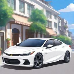 A detailed and vibrant anime rendering of a white 2020 Chevrolet 科鲁泽 car