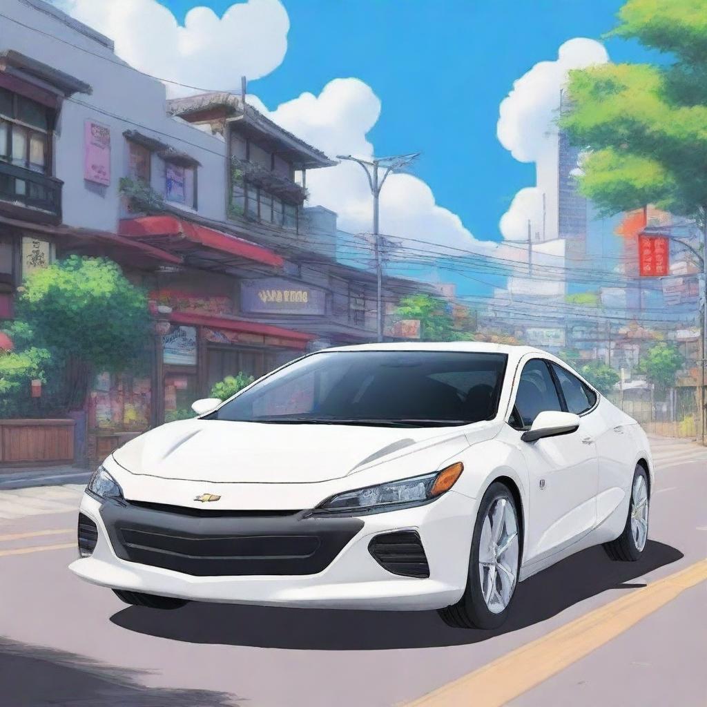 A detailed and vibrant anime rendering of a white 2020 Chevrolet 科鲁泽 car