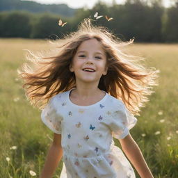 An adventurous girl playing in a lush, sun-drenched meadow, her hair billowing in the warm breeze as butterflies flutter around her.