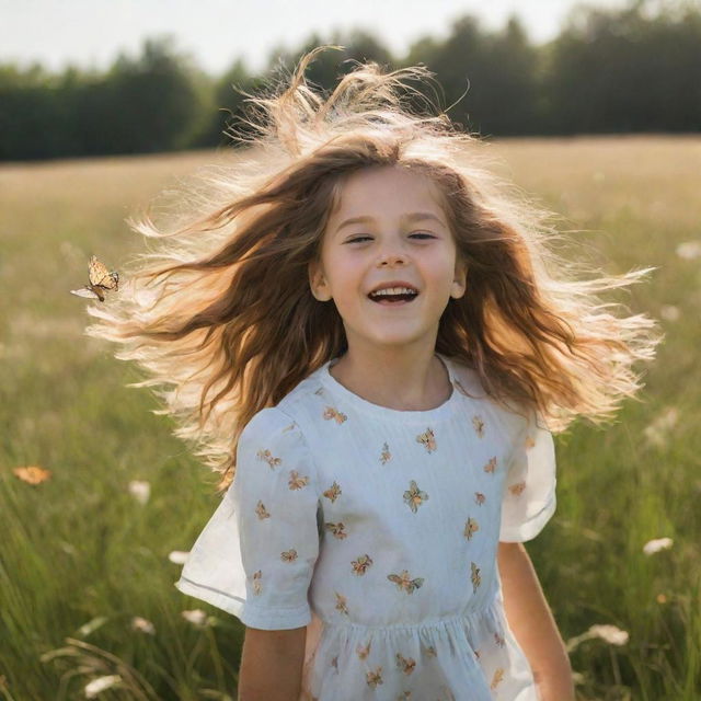 An adventurous girl playing in a lush, sun-drenched meadow, her hair billowing in the warm breeze as butterflies flutter around her.