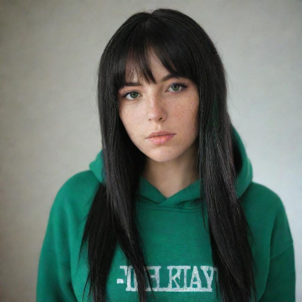 casual photograpy medium body, female with black hip hop  stamp hoodie, 23 year old with green eyes and black long hai with withe streaks in the bangs .,freckles, self on the mirror, relax time, medium distance shot, 4k hd,  --style raw--v 5.2 ar 2-3