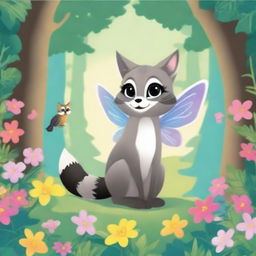 A children's storybook cover featuring a fairy cat and a raccoon in a peaceful 2D forest