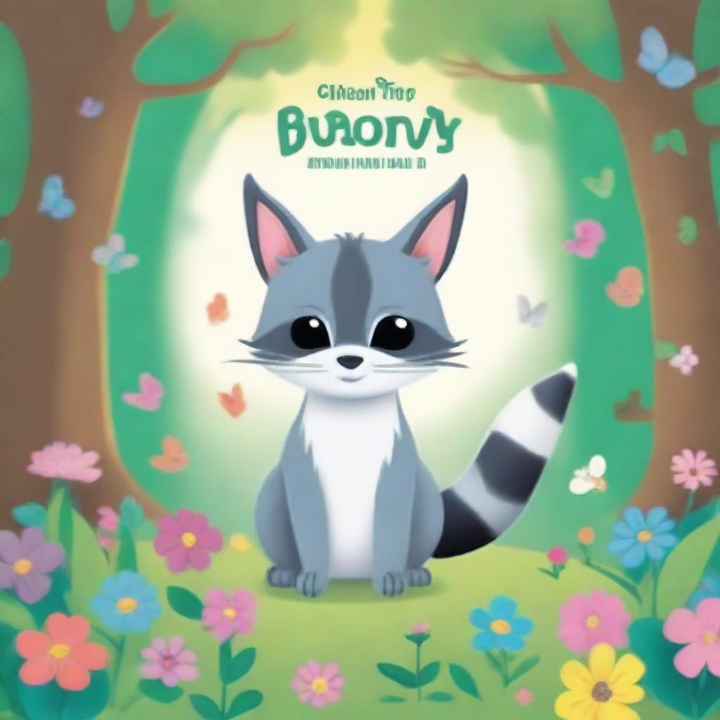 A children's storybook cover featuring a fairy cat and a raccoon in a peaceful 2D forest