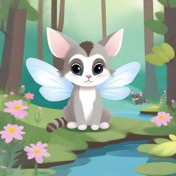 A children's story illustration featuring a cat fairy and a baby raccoon in a peaceful 2D forest