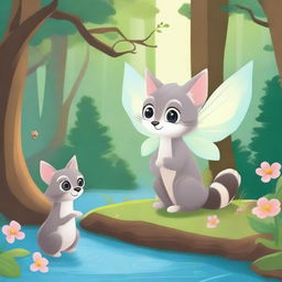 A children's story illustration featuring a cat fairy and a baby raccoon in a peaceful 2D forest