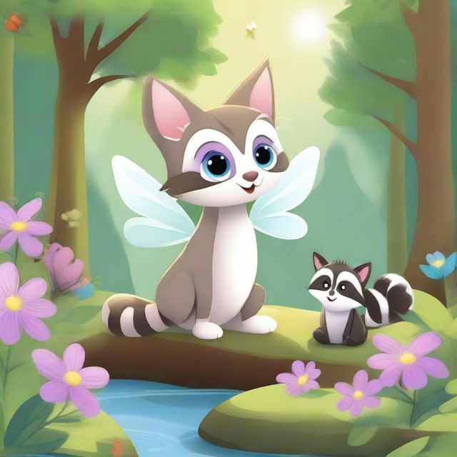 A children's story illustration featuring a cat fairy and a baby raccoon in a peaceful 2D forest