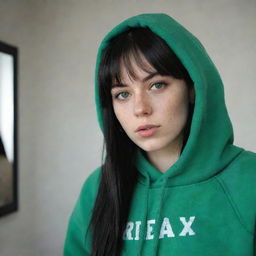 casual photograpy medium body, female with black hip hop  stamp hoodie, 23 year old with green eyes and black long hai with withe streaks in the bangs .,freckles, self on the mirror, relax time, medium distance shot, 4k hd,  --style raw--v 5.2 ar 2-3