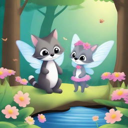 A children's story illustration featuring a cat fairy and a baby raccoon in a peaceful 2D forest