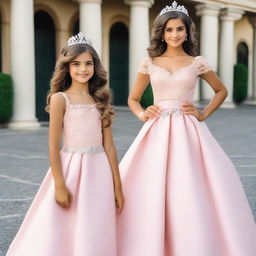 Crie uma imagem com duas garotas, uma delas é uma princesa, elas estão se olhando com competitividade e o fundo é um acampamento