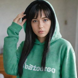 casual photograpy medium body, female with black hip hop  stamp hoodie, 23 year old with green eyes and black long hai with withe streaks in the bangs .,freckles, self on the mirror, relax time, medium distance shot, 4k hd,  --style raw--v 5.2 ar 2-3