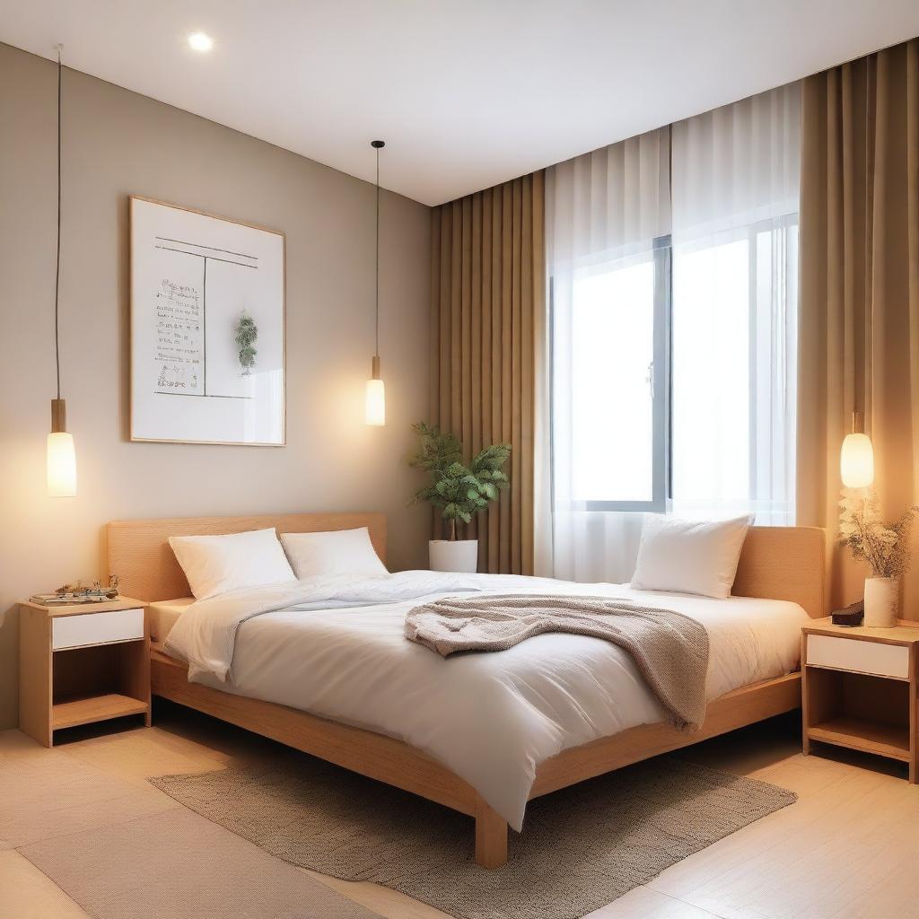 A cozy and well-decorated bedroom with a comfortable bed, soft lighting, and stylish furniture