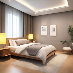 A cozy and well-decorated bedroom with a comfortable bed, soft lighting, and stylish furniture