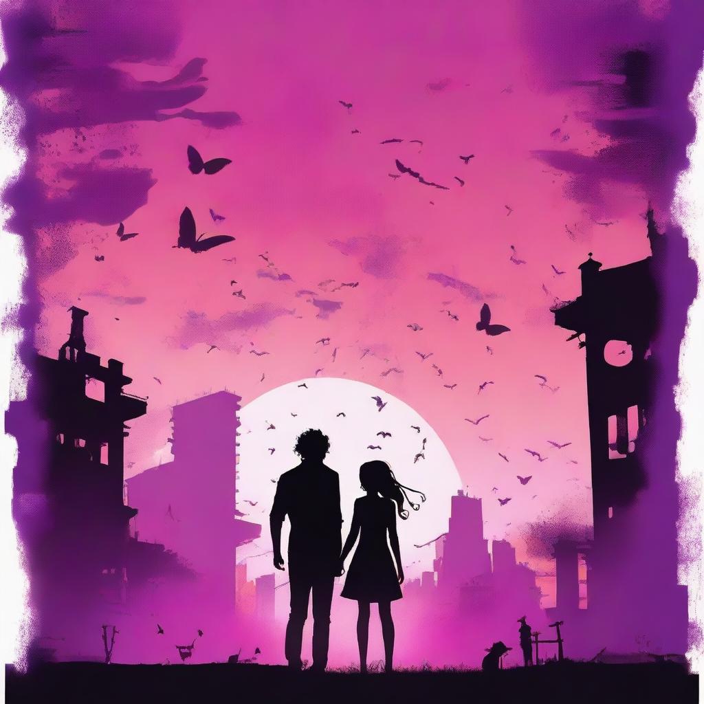 A silhouette of a man standing with a curly haired girl, both looking at a city overrun by zombies at sunset