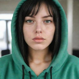 casual photograpy medium body, female with black hip hop  stamp hoodie, 23 year old with green eyes and black long hai with withe streaks in the bangs .,freckles, self on the mirror, relax time, medium distance shot, 4k hd,  --style raw--v 5.2 ar 2-3