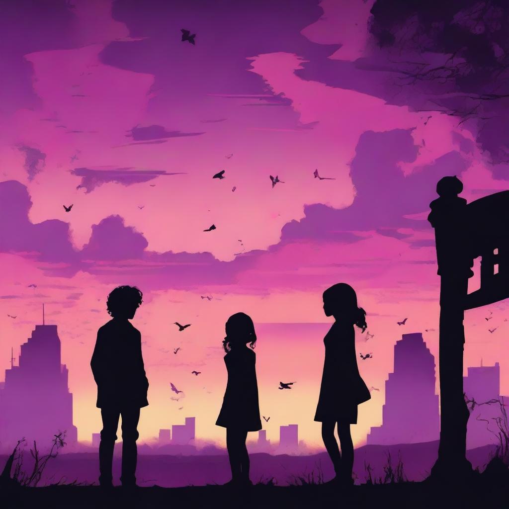 A silhouette of a man standing with a curly haired girl, both looking at a city overrun by zombies at sunset