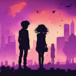 A silhouette of a man standing with a curly haired girl, both looking at a city overrun by zombies at sunset