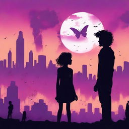 A silhouette of a man standing with a curly haired girl, both looking at a city overrun by zombies at sunset