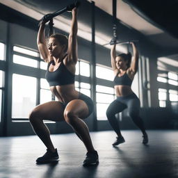 A dynamic scene of people engaging in a high-intensity CrossFit workout in a modern gym