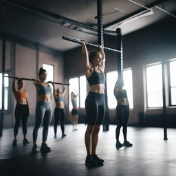 A dynamic scene of people engaging in a high-intensity CrossFit workout in a modern gym