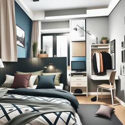 Utilizando la imagen de referencia de un dormitorio desordenado, generar un diseño de dormitorio minimalista con una paleta de colores oscuros, como negro y gris oscuro