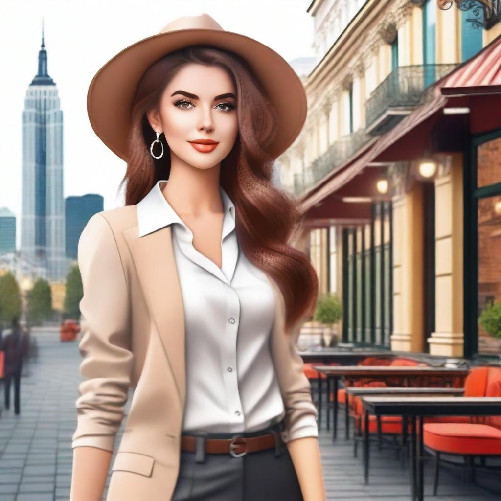 Create an image of an attractive young woman with a confident and stylish appearance