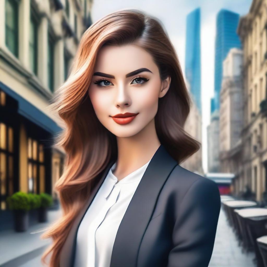 Create an image of an attractive young woman with a confident and stylish appearance