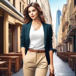 Create an image of an attractive young woman with a confident and stylish appearance