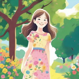 A detailed illustration of a young girl with a joyful expression, wearing a colorful dress and standing in a sunny park with trees and flowers around her